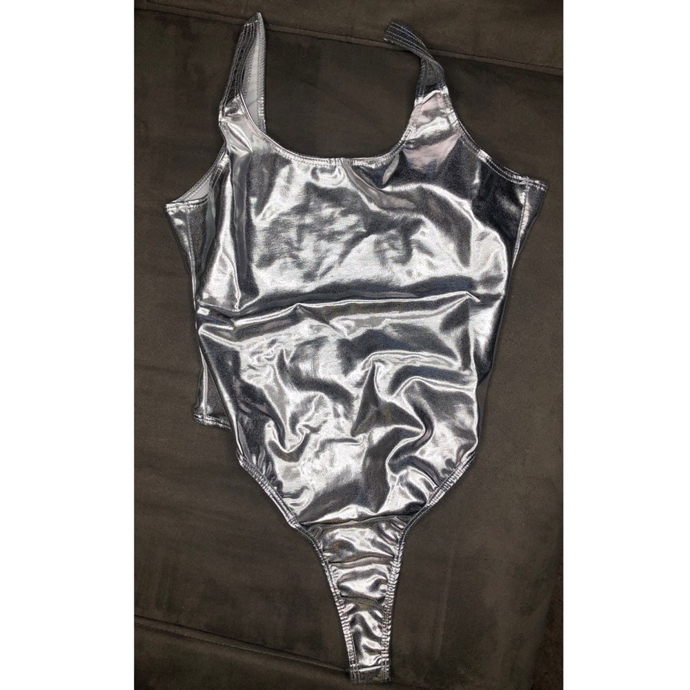 Shiny Metallic Spandex Thong SILVER one piece